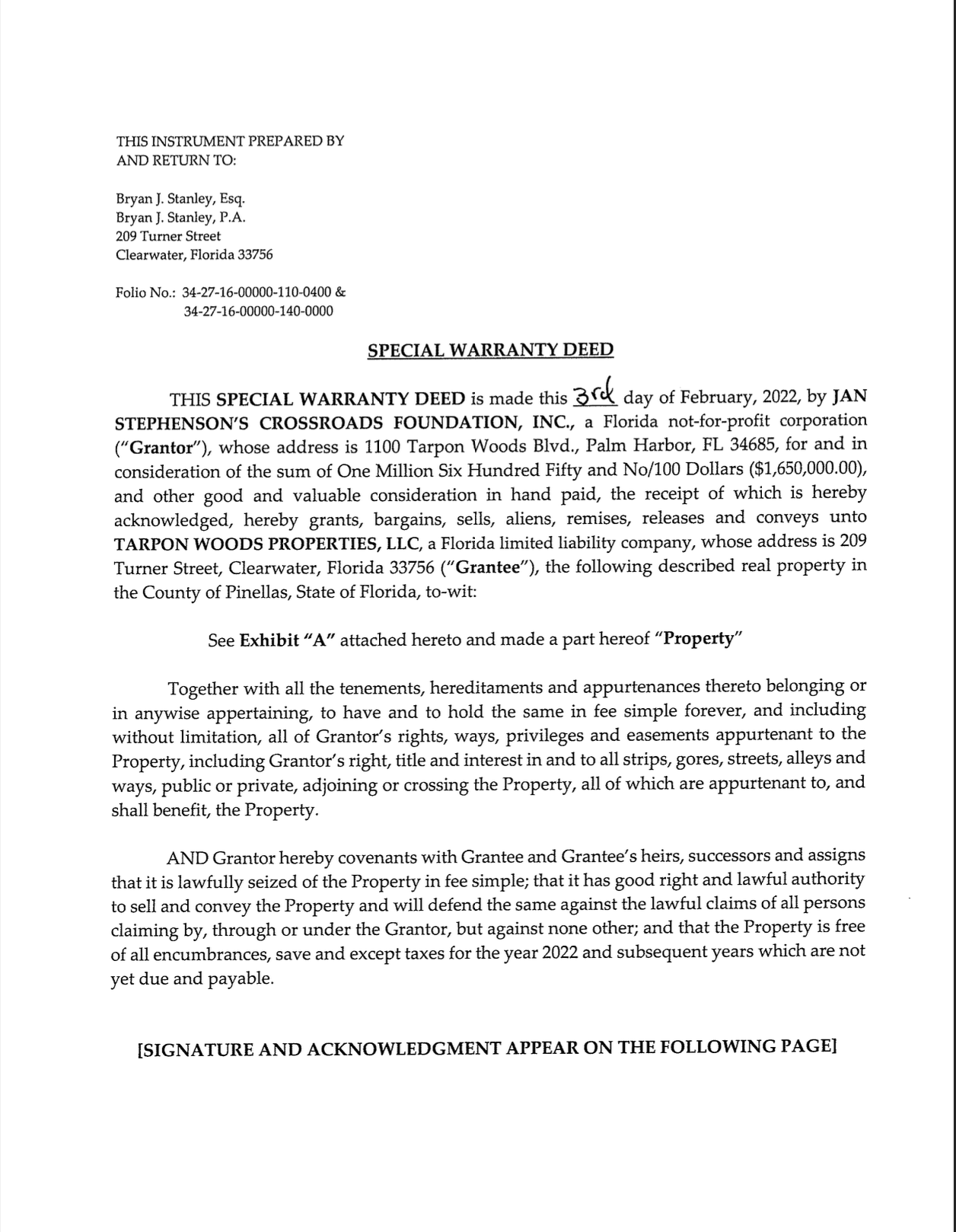 Special warranty deed page for Tarpon Woods property