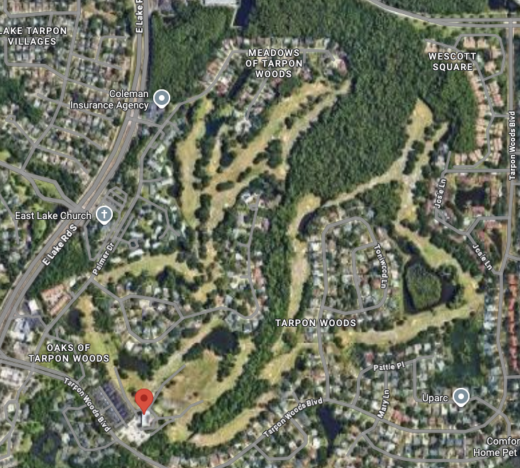 Aerial map view of Tarpon Woods Golf Course and surrounding neighborhoods