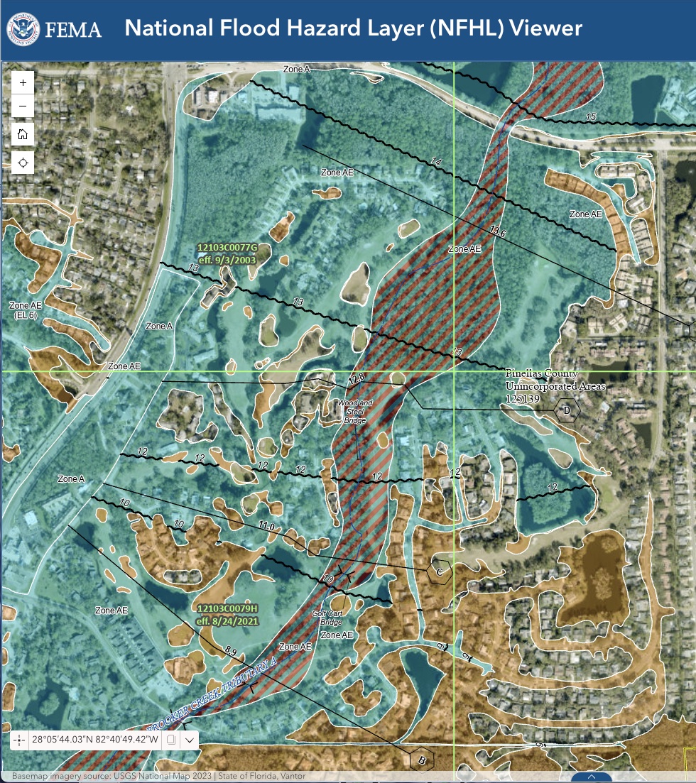 FEMA National Flood Hazard Layer viewer showing the hatched regulatory floodway following Brooker Creek through the broader Tarpon Woods area